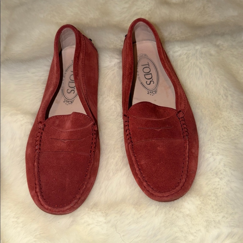 Tod's Red Suede Penny Loafers
